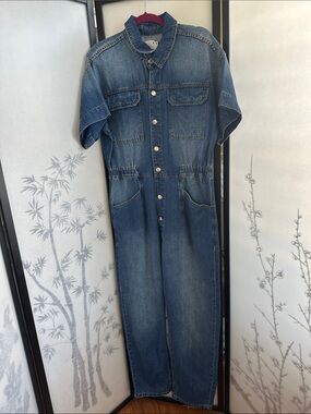 Free People Washed Blue Denim Short-Sleeve Jumpsuit